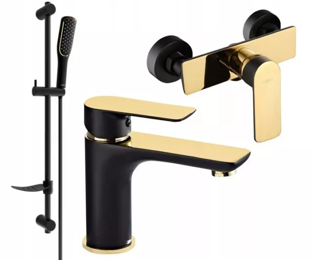 ALFA DF49 Luxury Black Gold Basin And Bath Mixer With Hand Shower Set of 3