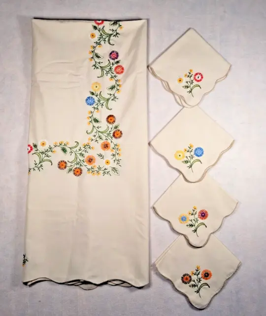 Vintage Linen Hand Embroidered Luncheon Bridge Tablecloth + 4 Matching Napkins