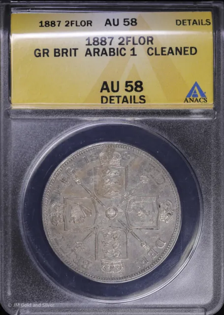 1887 2FLOR Great Britain Silver 2 Florin Arabic 1 ANACS AU 58 Details