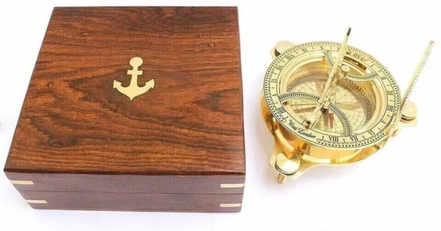 Reloj de sol con brújula de latón de 3 pulgadas con caja de madera Regalo...