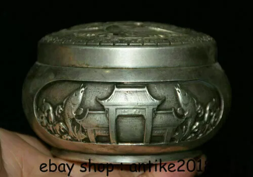 4" Xuande Marked Old China Silver Dynasty Dragon Phoenix Year Fish Burner Pot