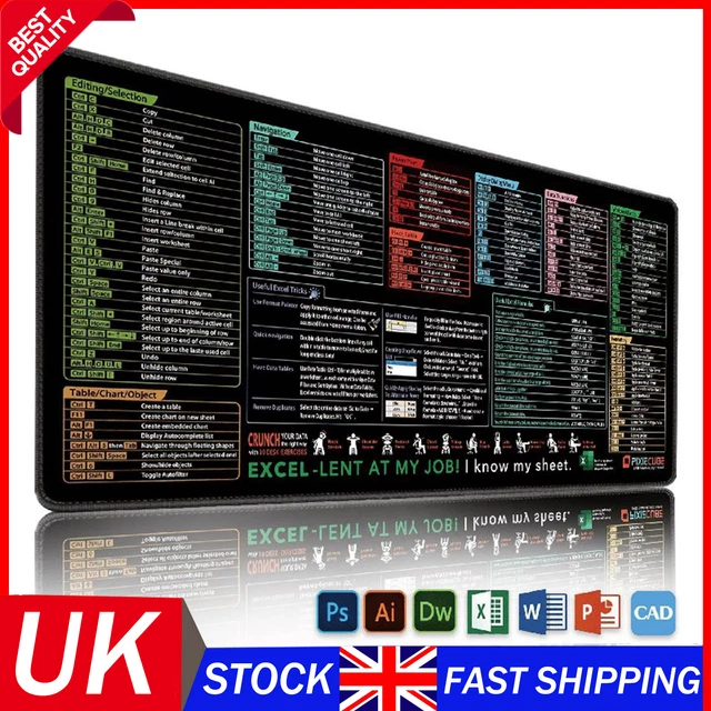 LARGE EXCEL CHEAT Sheet Desktop Mat Shortcuts Mouse Pad Shortcuts Wrist ...