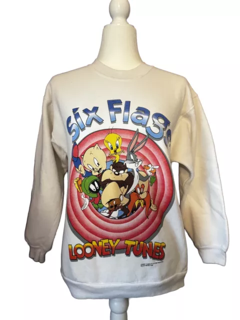 Vintage 1996 Rare Six Flags Looney Tunes White Womens Crewneck Sweater sz Medium