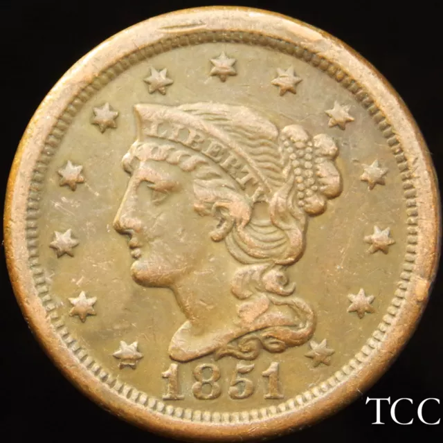 1851 BRAIDED HAIR LARGE CENT ~ EXCELLENT EARLY 1c COIN ~ FREE SHIPPING ~ TCC