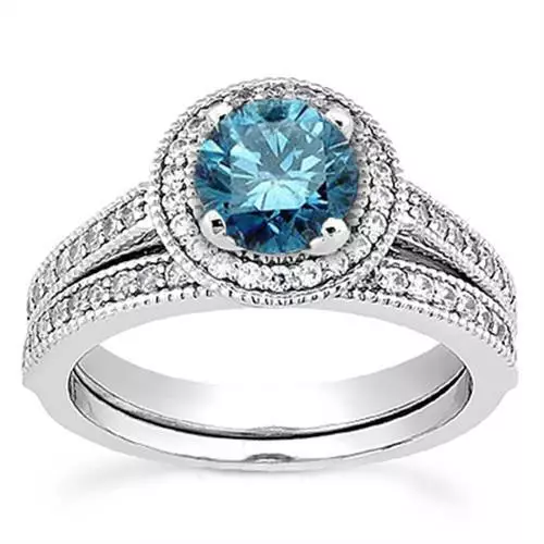 3/4ct Treated Blue Diamond Engagement Ring Wedding Band Set 14K White Gold