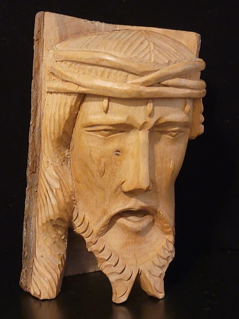 Hand Carved Wood Log Weeping Jesus Christ Head Face Bust Religious Folk Art