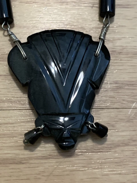 Vtg Carved Obsidian Figure Face Necklace Mexico Mayan Aztec
