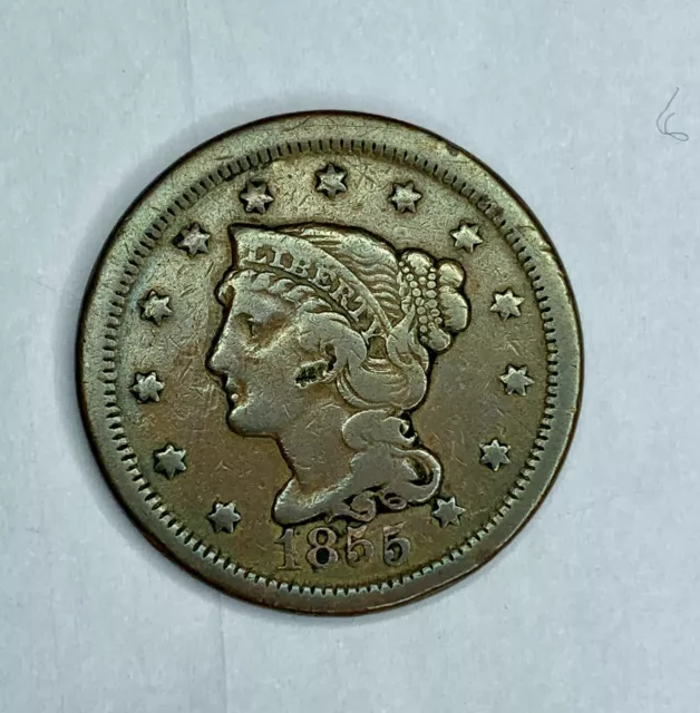 One 1855 Braided Hair Large Cent Upright Five- No Reserve