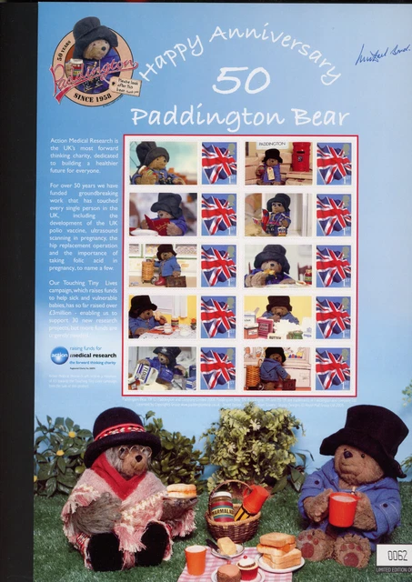Paddington Bear 50th Anniversary Smilers sheet signed  Michael Bond