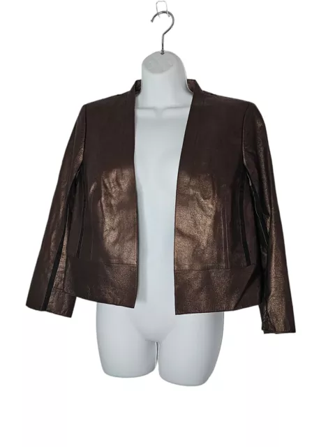 Akris Womens Jacket 10 Bronze Brown Long Sleeve Lamb Leather Mesh Panels Boho