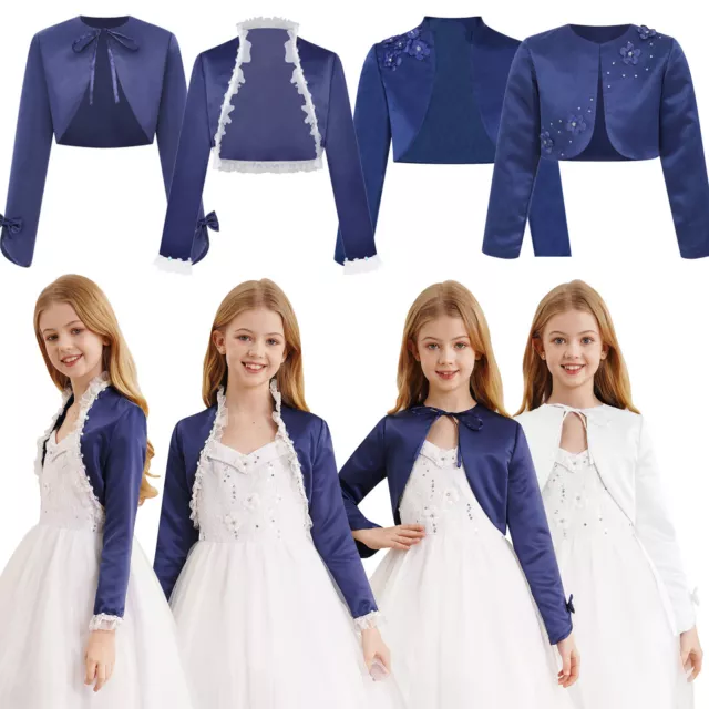 DE Kinder Mädchen Langarm Strickjacke Jacke Bolero Capelet Satin Cropped Mantel