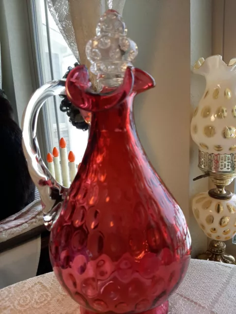 Vintage Fenton Cranberry Coin Dot Wine Pitcher Decanter Fancy Crystal Top GRAND!
