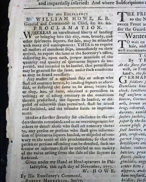 Rare Tory Revolutionary War w/ General William Howe Proclamations 1777 Newspaper