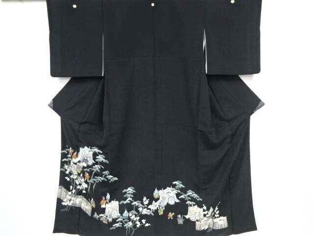 35567# Japanese Kimono / Antique Tomesode / Ox Carriage & People In The Past