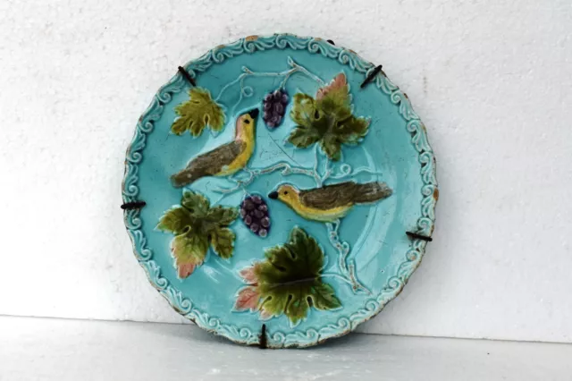 Antique German Pottery Majolica Plate Bird On Grape Vine Dish Porcelain Decorati