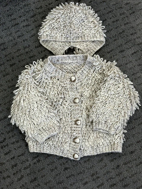 Traditional Hand Knitted Loopy Cardigan And Bonnet Fits 6 To 9 Months Stunning