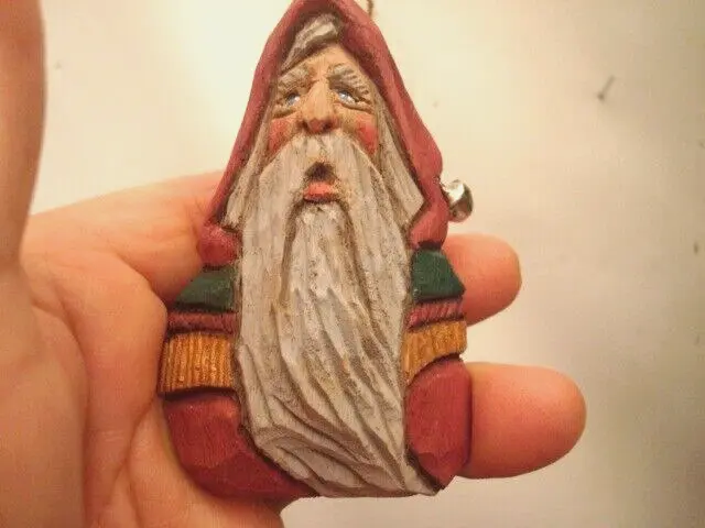 3" Hand Carved Butternut  Heirloom Old World Santa W/ Hunter Green Cape Ornament