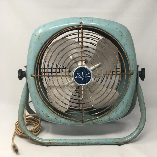 VINTAGE GALAXY METAL Table Top Box Fan Metal Blades Turquoise Paint 14
