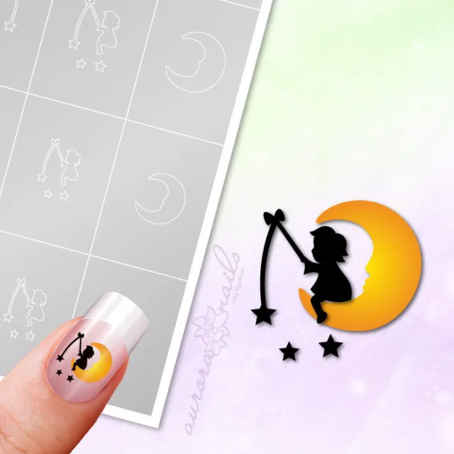 Schablonen für Airbrush und Nailart W085 Weihnachten Mond Sterne Engel klebend