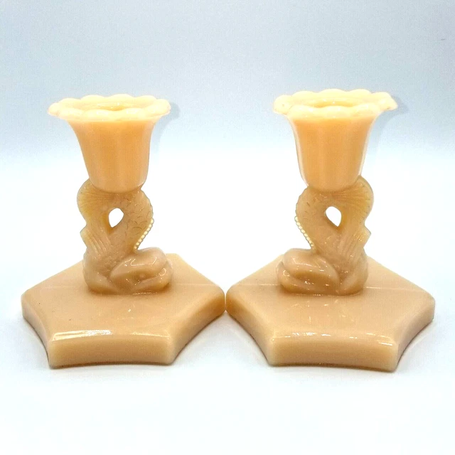 Vintage Westmoreland Dolphin Fish Candlesticks Almond Milk Glass Pair