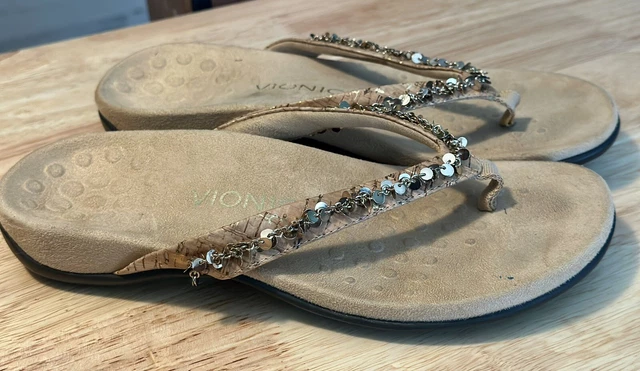 VIONIC 340 Belize Women Size 7 Flip Flops Thong Sandals Gold Chain Sequins Bling VIONIC 340 Belize Women Size 7 Flip Flops Thong Sandals Gold Chain Sequins Bling
