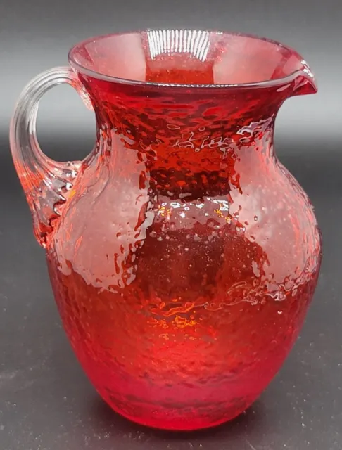 Pilgrim Hand Blown Crackled Glass Small Red Pitcher 4 Inch With Clear Handle