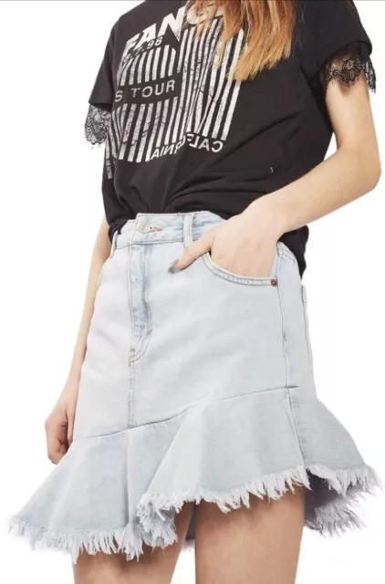 Topshop Moto NWT Jean Asymetrical Hem Fringe Skirt US Size 6 (b9)