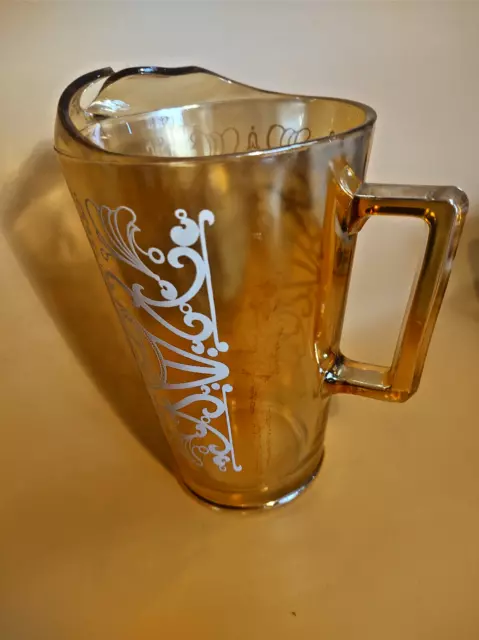 Vintage Carnival Glass Marigold Pitcher 7 1/4" Tall PASL with Floral by Jeanette 2