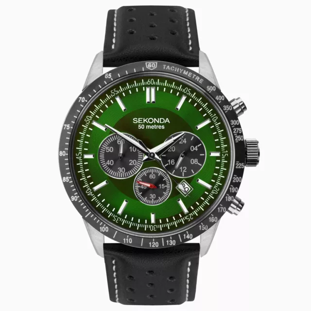 Sekonda Mens Chronograph Watch Green Dial Black Strap 1937