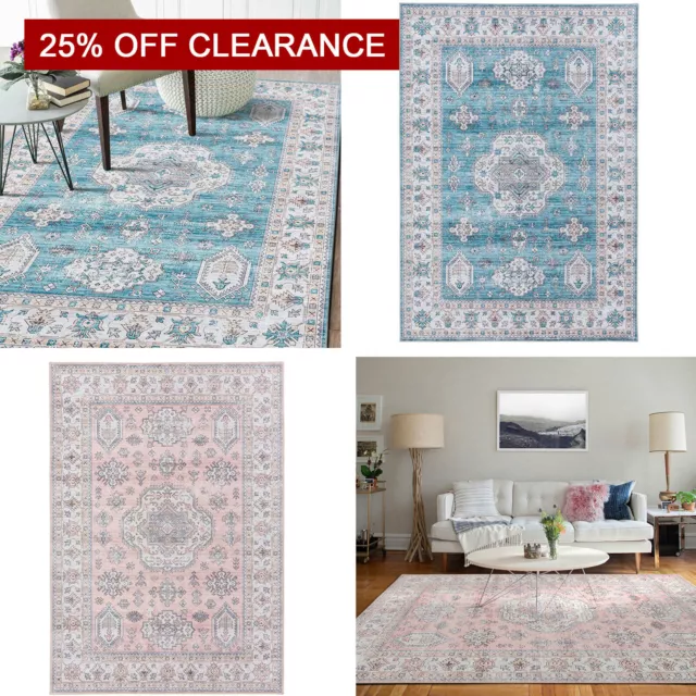 Clearance Large Rug Pink Blue Tribals Dining Room Carpet Washable Rug Runner