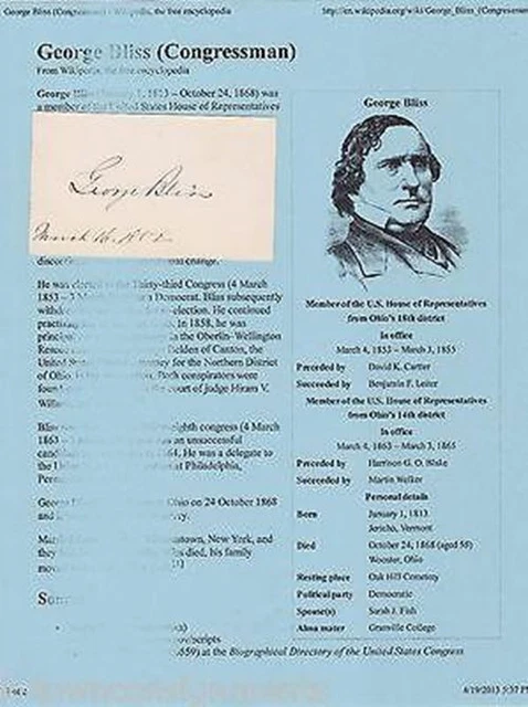 George Bliss Ohio Congressman Union National Convention Antique Autograph Signed