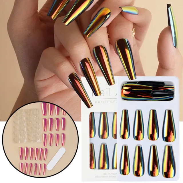 24 piezas láser espejo francés para uñas falsas ataúd largo prensa de acrílico sobre extensión de uñas/