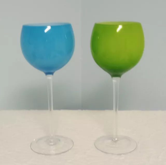 2 Carlo Moretti MCM Empoli Style Blue & Green Cased Wine Glass Balloon Glass 9"