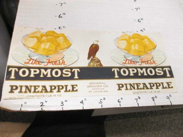 TOPMOST pineapple fruit 1930s eagle tin can food paper label General Grocer