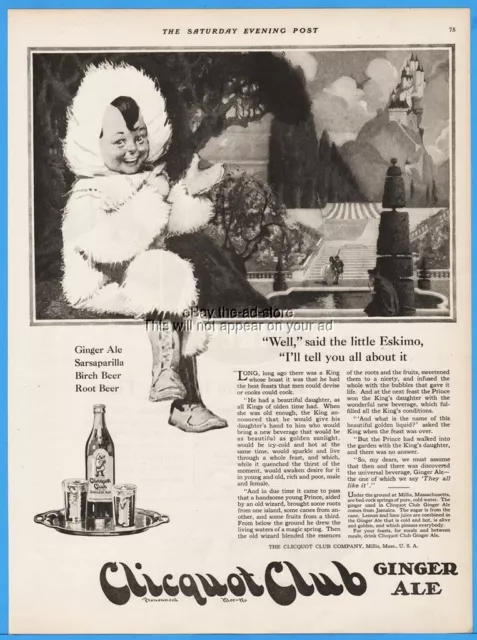 1922 Clicquot Club Co Millis MA Ginger Ale Eskimo Boy Sarsaparilla Birch Beer Ad