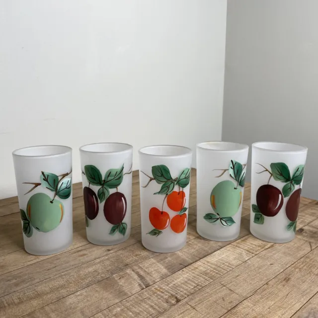5 vintage Gay Fad Frosted Glasses Tumblers HAND PAINTED  FRUITS