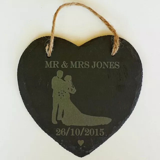 Personalised Engraved Hanging Slate Heart Wedding Gift for Newly Weds Keepsake