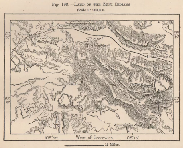 Land of the Zu�i/Zuni Indians. New Mexico 1885 old antique map plan chart