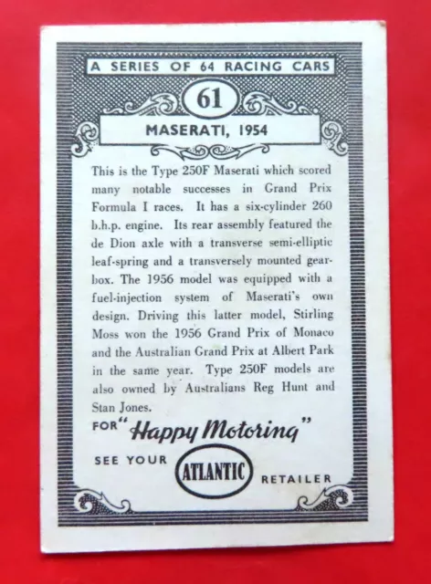 1950s ATLANTIC Petrol "Series of Racing Cars" Card: MASERATI,  1954 - #61 2