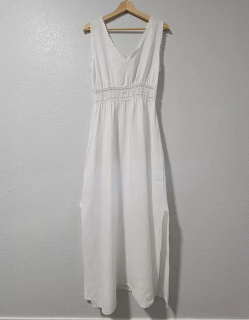 Terzo Millenio White Linen Boho Maxi Dress Italy Sz M Side Slit *Read Desc.