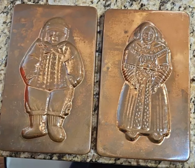 Set of 2 Two Vintage Copper Cookie Chocolate Mold Tins Dutch Boy and Girl 1970's