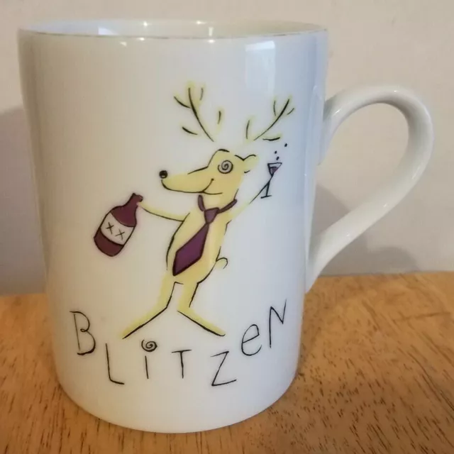 Pottery Barn Christmas Reindeer Coffee Mug Blitzen White Silver Rim