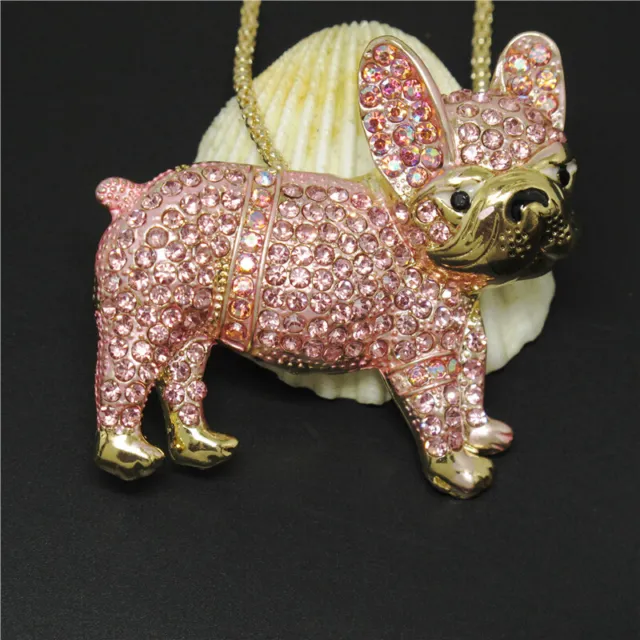 New Pink Rhinestone Bling Cute Pug Dog Crystal Pendant Holiday gifts Necklace 2