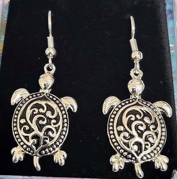 Beautiful Silver Tone Sea Turtle Dangle Earrings Filigree Design Fast Shipping