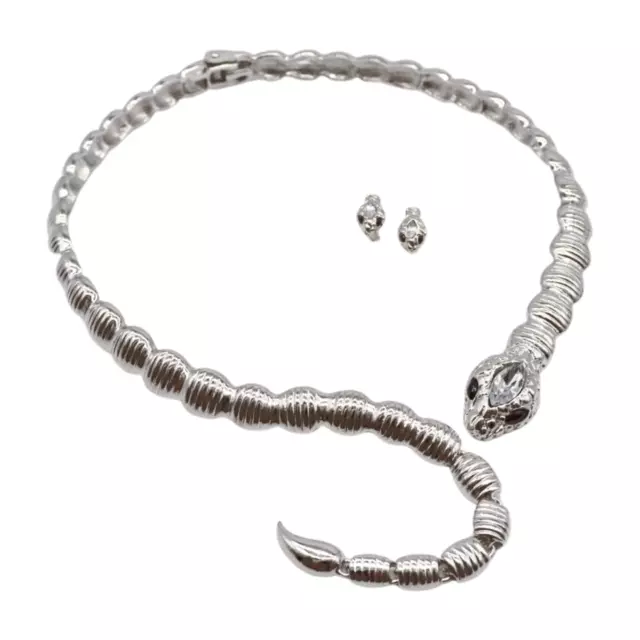 Women Silver Color Metal Wrap Around Cobra Snake Bling Short Necklace + Earrings