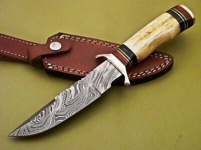Custom Handmade Damascus Steel Hunting Knife with Color Camel Bone Handle