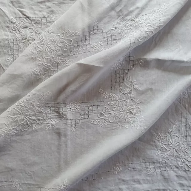 Vintage hand embroidered tablecloth white, drawn thread work, stunning  32"