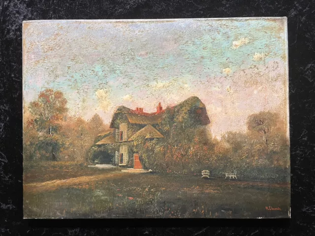 H. Church Oil Painting Canvas. Thatched English Cottage Early 20th Century Art.