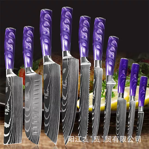 10pc Kitchen Knife Japanese Damascus Steel Chef Hunting Pocket Knife Set Cleaver