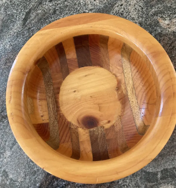 Vintage MCM Wood Inlaid Bowl Light Dark Wood Round Unique Fruit Nuts Coffee Tabl